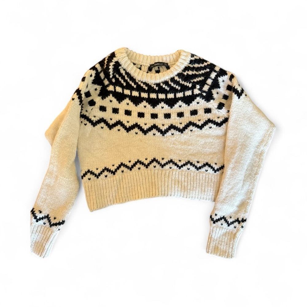 Zara Knit Black and Cream Jacquard Chunky Sweater Cropped - Picture 7 of 9